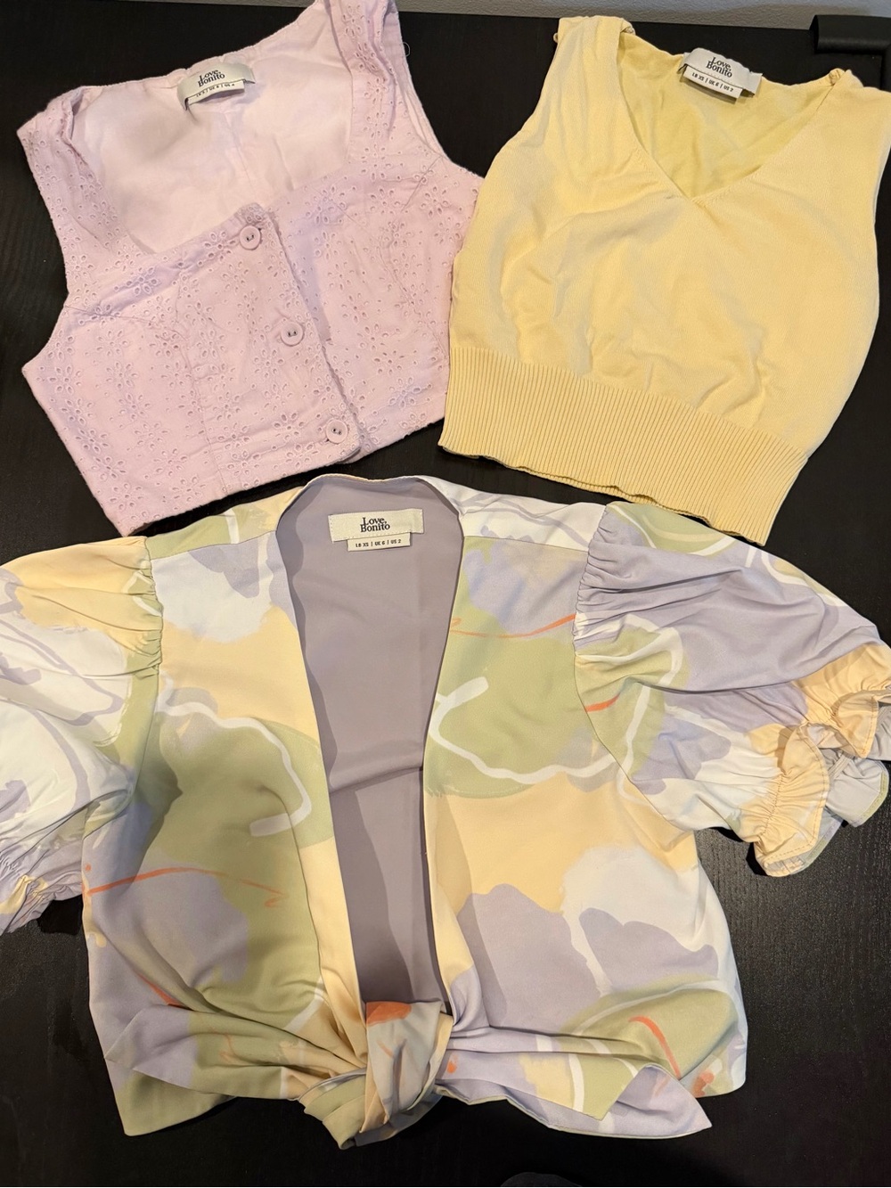 Love Bonito Summer Tops - Lavender Eyelet Crop, Pastel Lilac Tie & Yellow Crop